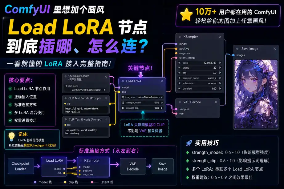 ComfyUI 里想加个画风,Load LoRA 节点到底插哪、怎么连?