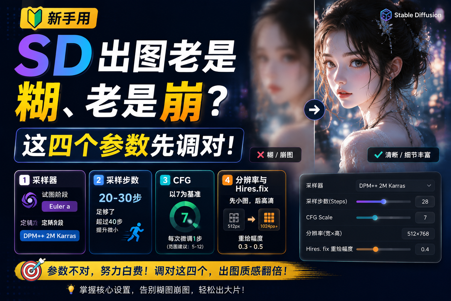 新手用 SD 出图老是糊、老是崩?这四个参数先调对