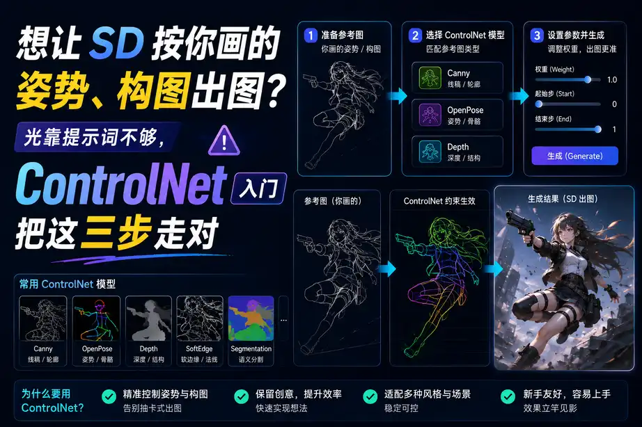 想让 SD 按你画的姿势、构图出图?光靠提示词不够,ControlNet 入门把这三步走对