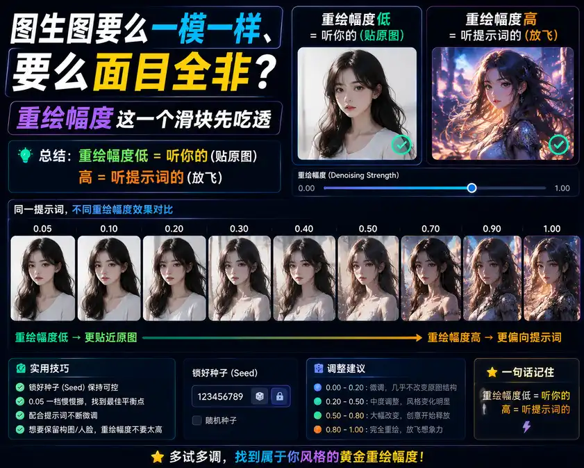 图生图要么一模一样、要么面目全非?重绘幅度这一个滑块先吃透