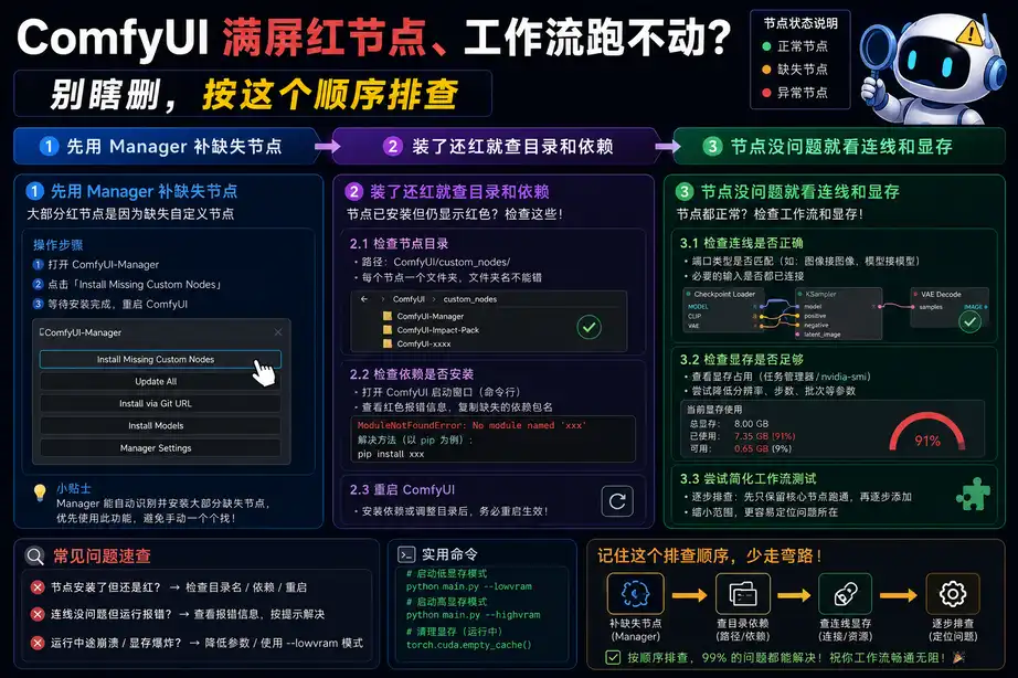 ComfyUI 满屏红节点、工作流跑不动?别瞎删,按这个顺序排查