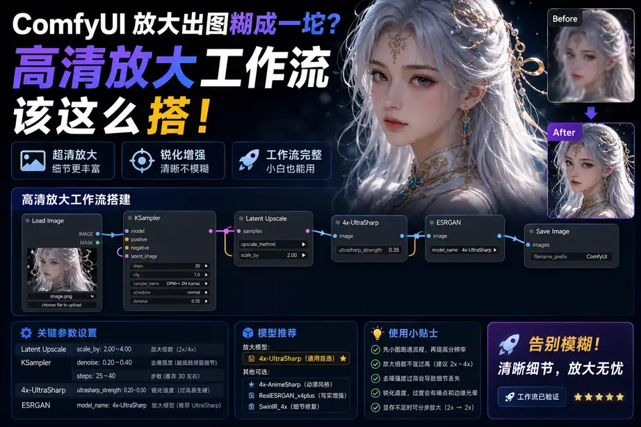 ComfyUI 放大出图糊成一坨?高清放大工作流该这么搭