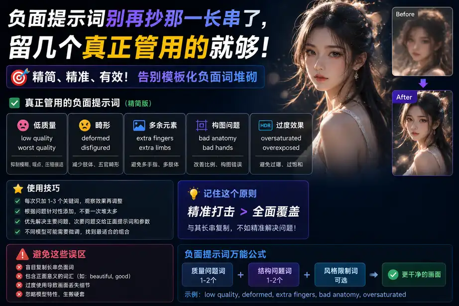 负面提示词别再抄那一长串了,留几个真正管用的就够
